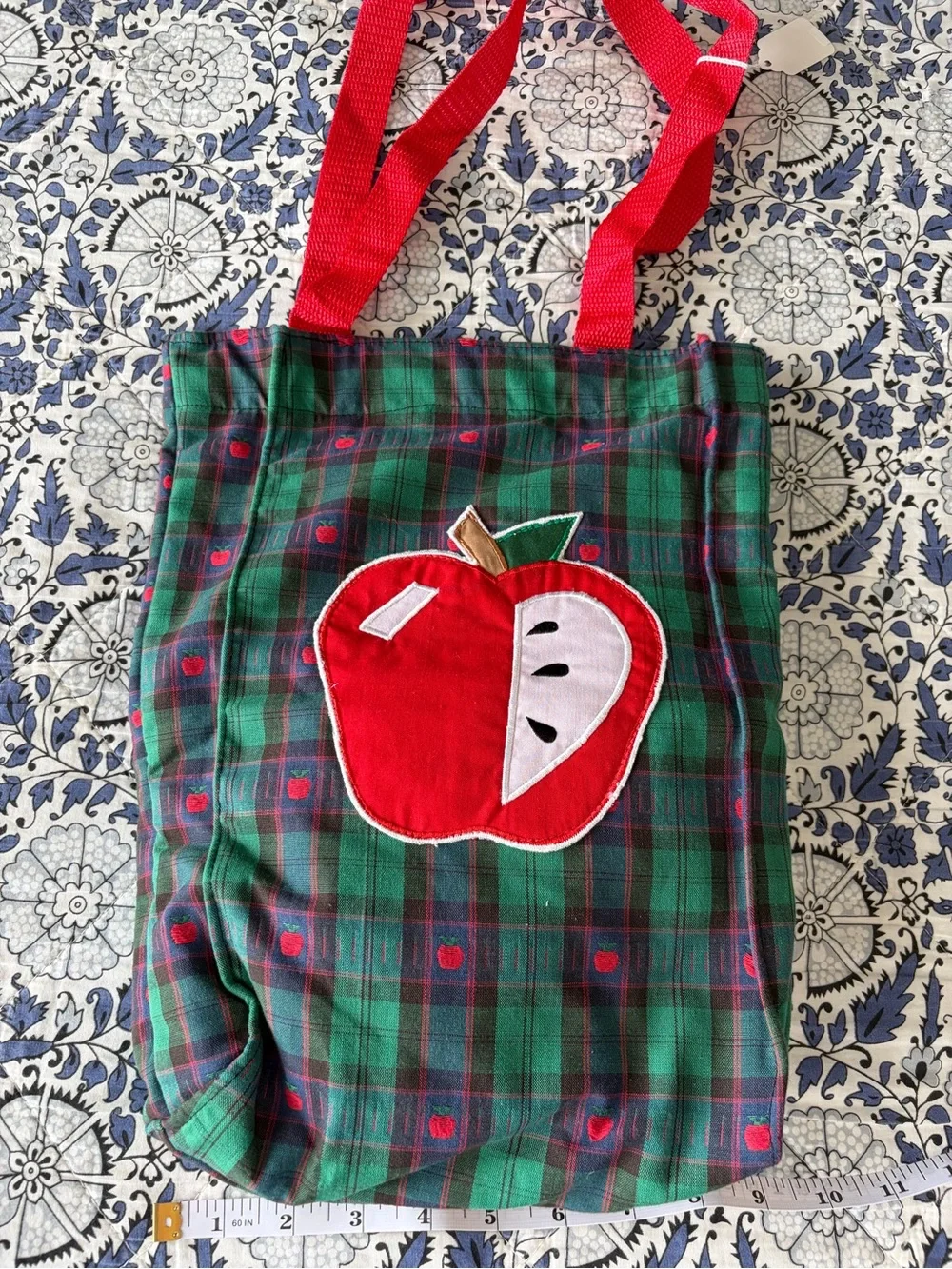 NWT Plaid Tote Bag with Red Apple Applique and Red Straps see coordinated bags